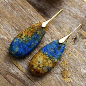 2/24 Retro Water Droplets Natural Stone Blue Khaki Gold Stone Drop Earrings